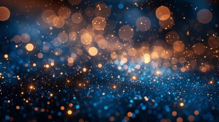 Shimmering blue backdrop with sparkling lights and soft, blurry shapes. - obrazy, fototapety, plakaty