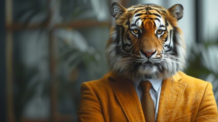 A dapper tiger exudes authority and sophistication, posing with suave poise as a formidable executive. - obrazy, fototapety, plakaty
