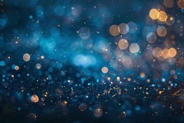 Shimmering blue backdrop with sparkling lights and soft, blurry shapes. - obrazy, fototapety, plakaty