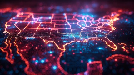 Digital map of America showcases the intricate web of online communication and data flow across the nation, highlighting its importance in modern technology. - obrazy, fototapety, plakaty
