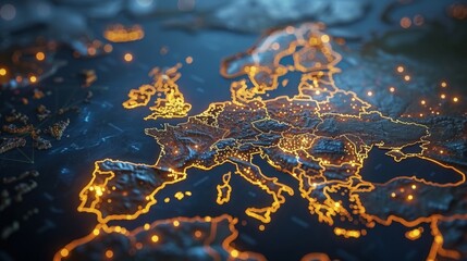 Digital map showcases Western Europe's interconnectedness, highlighting data flow and tech advancements in communication. - obrazy, fototapety, plakaty