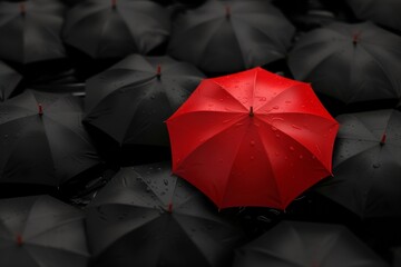 Standing out from the crowd, the red umbrella symbolizes the uniqueness and innovation of a successful leader.