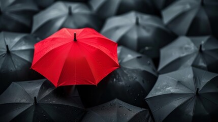 Standing out from the crowd, the red umbrella symbolizes the uniqueness and innovation of a successful leader.