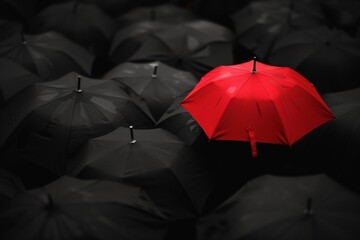 Standing out from the crowd, the red umbrella symbolizes the uniqueness and innovation of a successful leader.