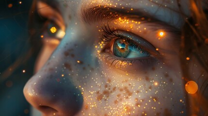 A woman's eye illuminated by shimmering lights, revealing a glimpse into the mystical realm of her clairvoyant vision. - obrazy, fototapety, plakaty