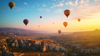 Hot air balloon soaring over colorful fields and rivers, passengers enjoying the view from above.