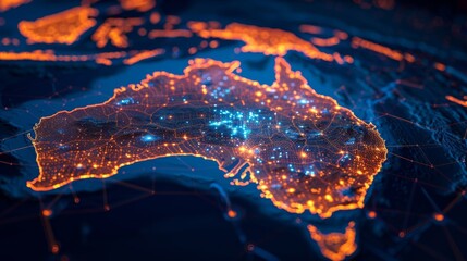 Digital map of Australia represents the interconnected world of technology, enabling seamless data transfer and communication for global business. - obrazy, fototapety, plakaty