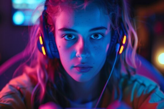 A dedicated gamer with a headset and gamepad is lost in a neon-lit virtual world, her features lit up by the colorful display.