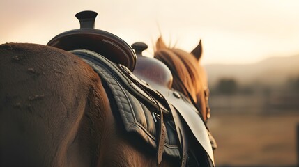 Horse saddle placed on a horse's back - obrazy, fototapety, plakaty