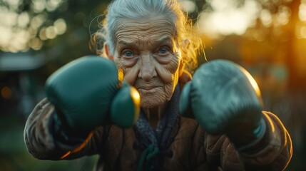 Irish grandma in green gloves, ready to fight and live life to the fullest, proving age is just a number - Active seniors embracing life's sunset in vivid hues.