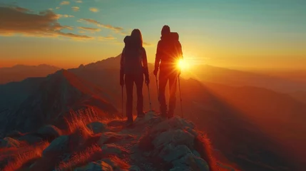 Foto op Plexiglas Hikers celebrate their triumph atop a mountain peak, basking in the glow of the sunset, feeling the rush of adventure and the joy of freedom as they gaze into the distance. © tonstock