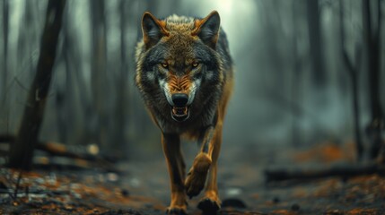 Fierce solitary wolf stalks through the woods, baring its fangs and preparing to strike at any moment. © tonstock