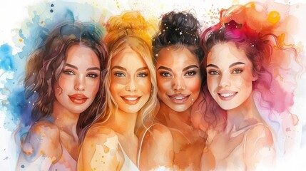 Empowered women celebrate unity and positivity in a vibrant watercolor illustration.