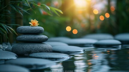 Find tranquility in a zen garden with calming elements of nature, perfect for a serene massage or spa day to achieve wellness and harmony. - obrazy, fototapety, plakaty