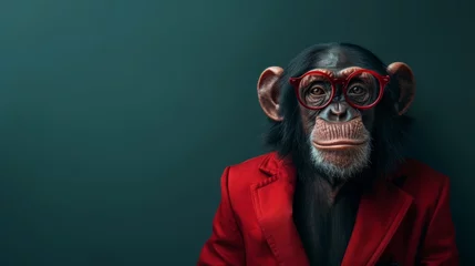 Zelfklevend Fotobehang A dapper monkey in a red suit exudes leadership and poise, embodying a suave, human-like persona. © tonstock