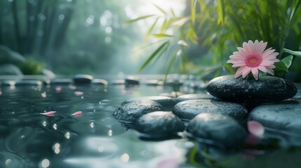 Find tranquility in a zen garden with calming elements of nature, perfect for a serene massage or spa day to achieve wellness and harmony. - obrazy, fototapety, plakaty