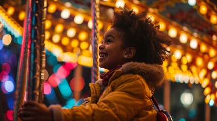 Create an image where a child's joyous laughter intertwines with the vibrant colors and motion of a joyful carnival ride