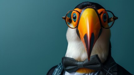 The dapper toucan exudes sophistication in his sharp suit and bow tie, his birdlike charm undeniably captivating.