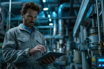 A factory worker uses a tablet to monitor production and manage inventory.