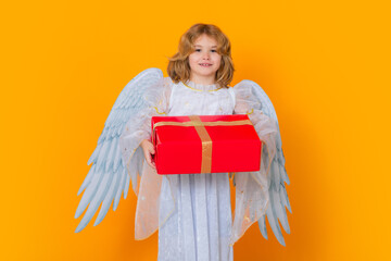 Angel with gift box present. Cute angel kid, studio portrait. Blonde curly little angel child with angels wings, isolated background.