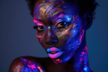 peaceful extraterrestrial model woman in neon light. It is portrait of beautiful black model with fluorescent make-up, Art design of female posing in UV with colorful make up. Isolated