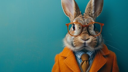 Sharp-dressed rabbit exudes confidence in stylish orange attire, complete with spectacles for a sophisticated touch. - obrazy, fototapety, plakaty