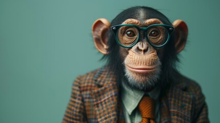 Chimpanzee in a stylish suit and tie exudes charm and sophistication, epitomizing the perfect blend of animal charisma and human fashion flair. - obrazy, fototapety, plakaty