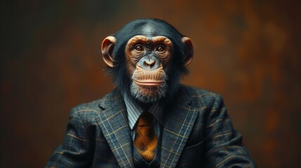 Chimpanzee in a stylish suit and tie exudes charm and sophistication, epitomizing the perfect blend of animal charisma and human fashion flair.