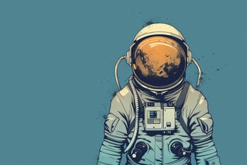 A lone astronaut floats against a stark blue backdrop, isolated in the vastness of space.