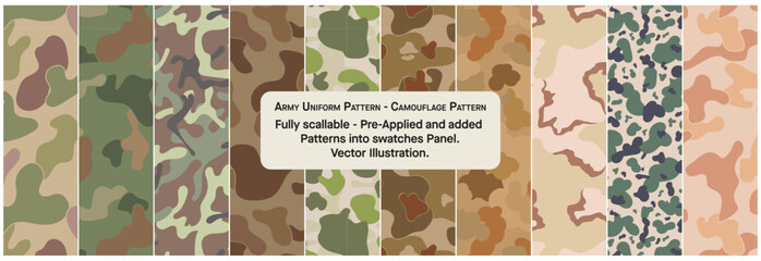 set of Army Uniform Pattern - Camouflage Pattern. 
Collection of Military-Inspired Camouflage Pattern Vector. Digital Army Uniform Pattern - Camouflage Texture bundle.