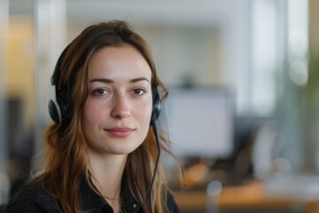 Smiling female customer support executive provides efficient and friendly assistance to clients.