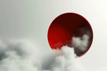 a red circle on a white background with clouds, advertising mockup, clean backdrop