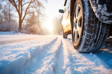 Winter tires grip the snow-covered road, providing safe traction for a smooth ride. - obrazy, fototapety, plakaty