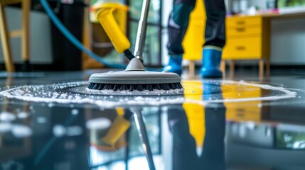 Fototapeta premium Sparkling Clean Kitchen Floor: Close-Up of Mopping in Action