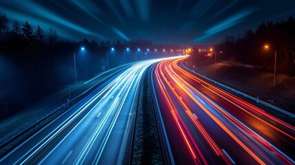 Evening rush hour in the city brings a blur of headlights as cars speed along the highway, captured in stunning long exposure shots.