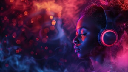 African woman grooves to pulsating beats, feeling the rhythm through vibrant light effects and dynamic sound vibes on a dark backdrop.