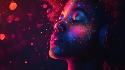 African woman immersed in rhythm, her hair adorned with vibrant digital lights, as music washes over her in a colorful wave.