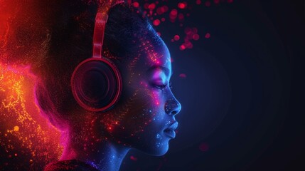 African woman immersed in rhythm, her hair adorned with vibrant digital lights, as music washes...