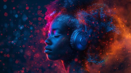 African woman immersed in rhythm, her hair adorned with vibrant digital lights, as music washes over her in a colorful wave. - obrazy, fototapety, plakaty