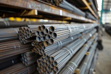 Obraz premium Warehouse stores metal rods, steel bars, and wire for construction use.