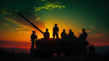 Fototapeta na wymiar silhouette group of special forces sodiers standing and sit on tank gun truck with over the sunset and green colorful background process,