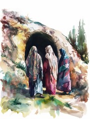 Women Discovering the Empty Tomb of Jesus in Watercolor Art Generative AI
