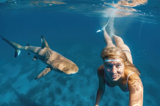 Woman by nurse shark swimming in sea