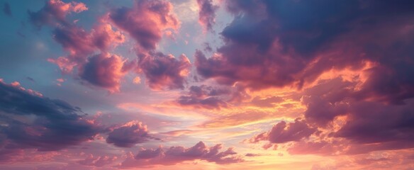 Naklejka premium Majestic Sunset Skies Painted with Hues of Pink and Orange: A Breathtaking Vast View of Tranquil Evening Cloudscape