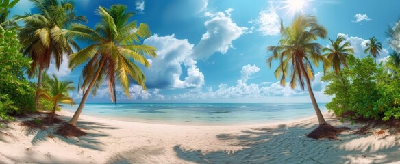 Idyllic Tropical Beach Paradise Panorama with Lush Palm Trees and Pristine White Sands Under a Radiant Blue Sky
