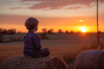 Small Boy Watching The Sunset While Sitting On A Hay Bale - Powered by Adobe