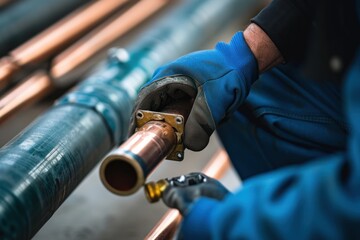 Industry system men worker cut joint with tool of copper pipe air conditioner