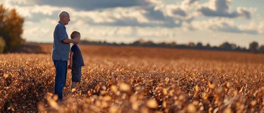 Senior farmer harvesting soybean with grandson at agricultural field