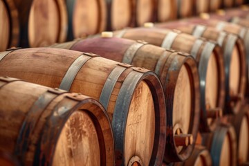 Close-up shot of stacked vintage wine barrels at the vineyard.