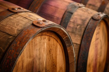 Close-up shot of stacked vintage wine barrels at the vineyard.